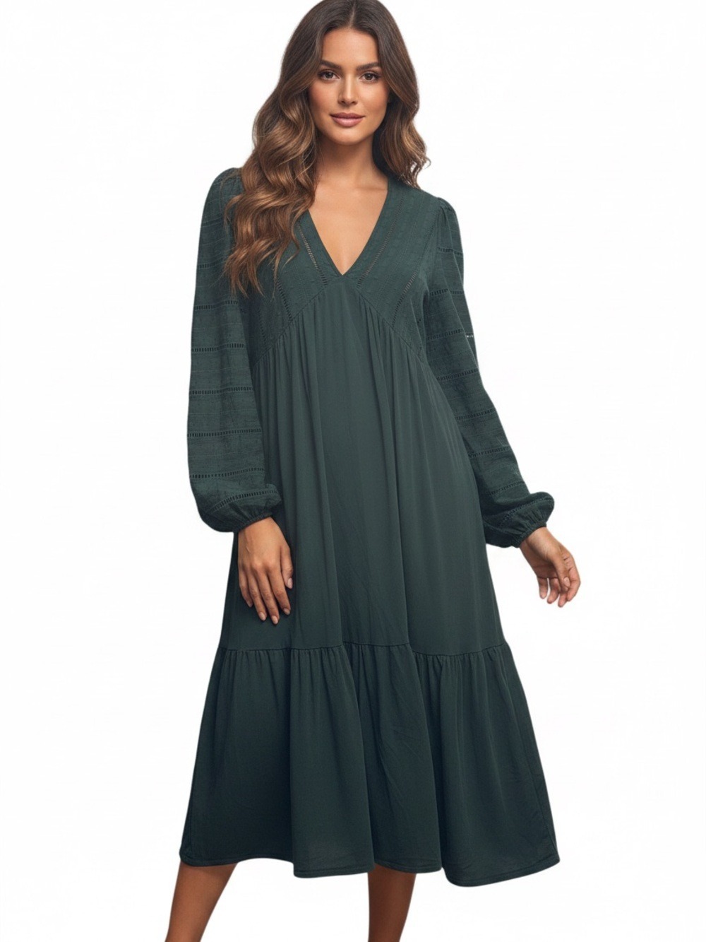 Boden Green Mixed Media Tiered Midi Dress Size 10